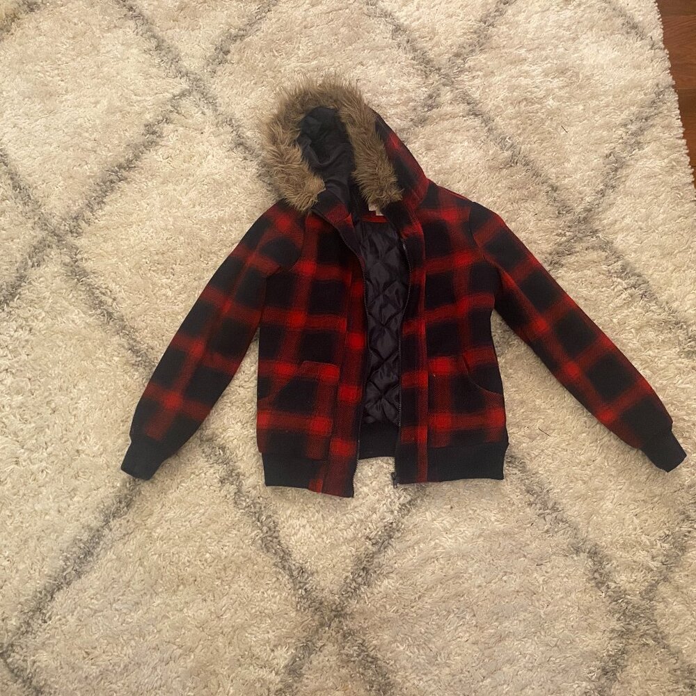 Red and blue plaid winter coat with fuzzy hood size size Large